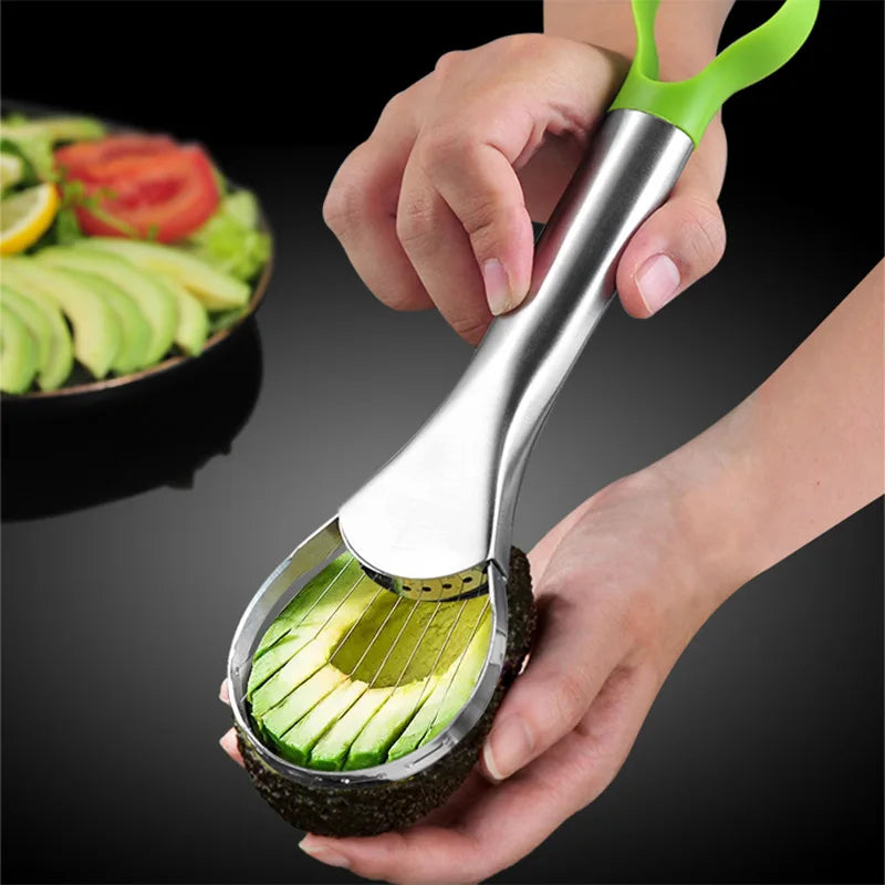 3-in-1 avocado slicer with a stainless steel pitter, slicing blade, and ergonomic handle for easy avocado preparation