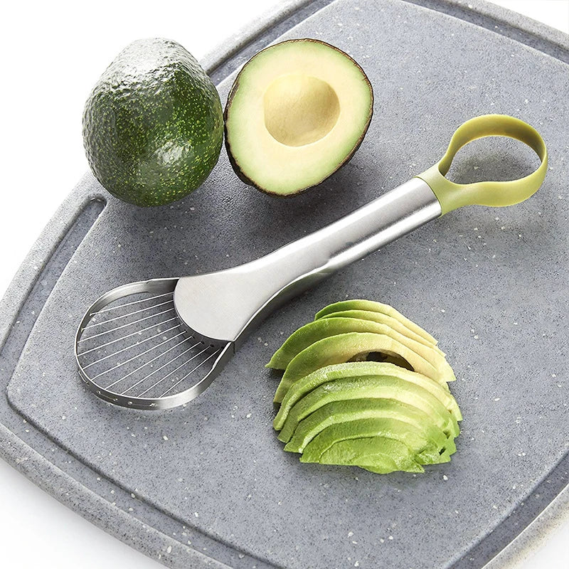 3-in-1 avocado slicer with a stainless steel pitter, slicing blade, and ergonomic handle for easy avocado preparation