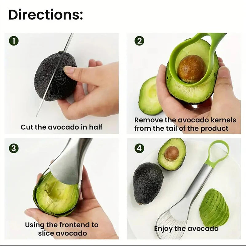 3-in-1 avocado slicer with a stainless steel pitter, slicing blade, and ergonomic handle for easy avocado preparation