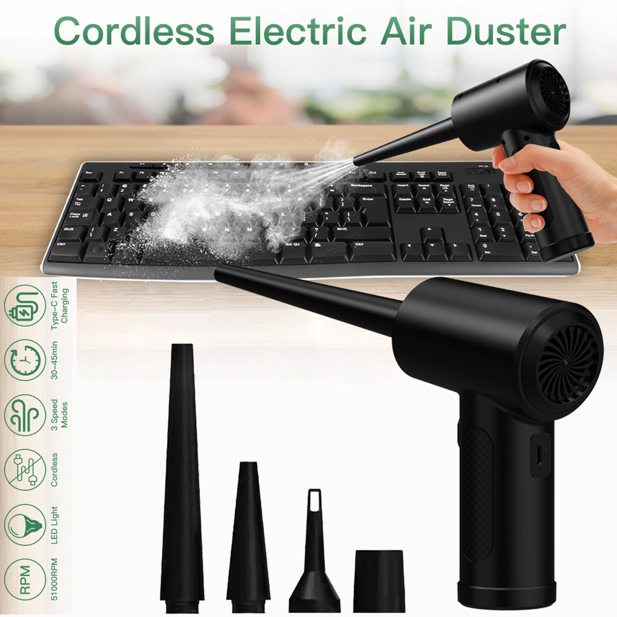 Rechargeable compressed air duster for cleaning computer keyboards, laptops, and other electronics..