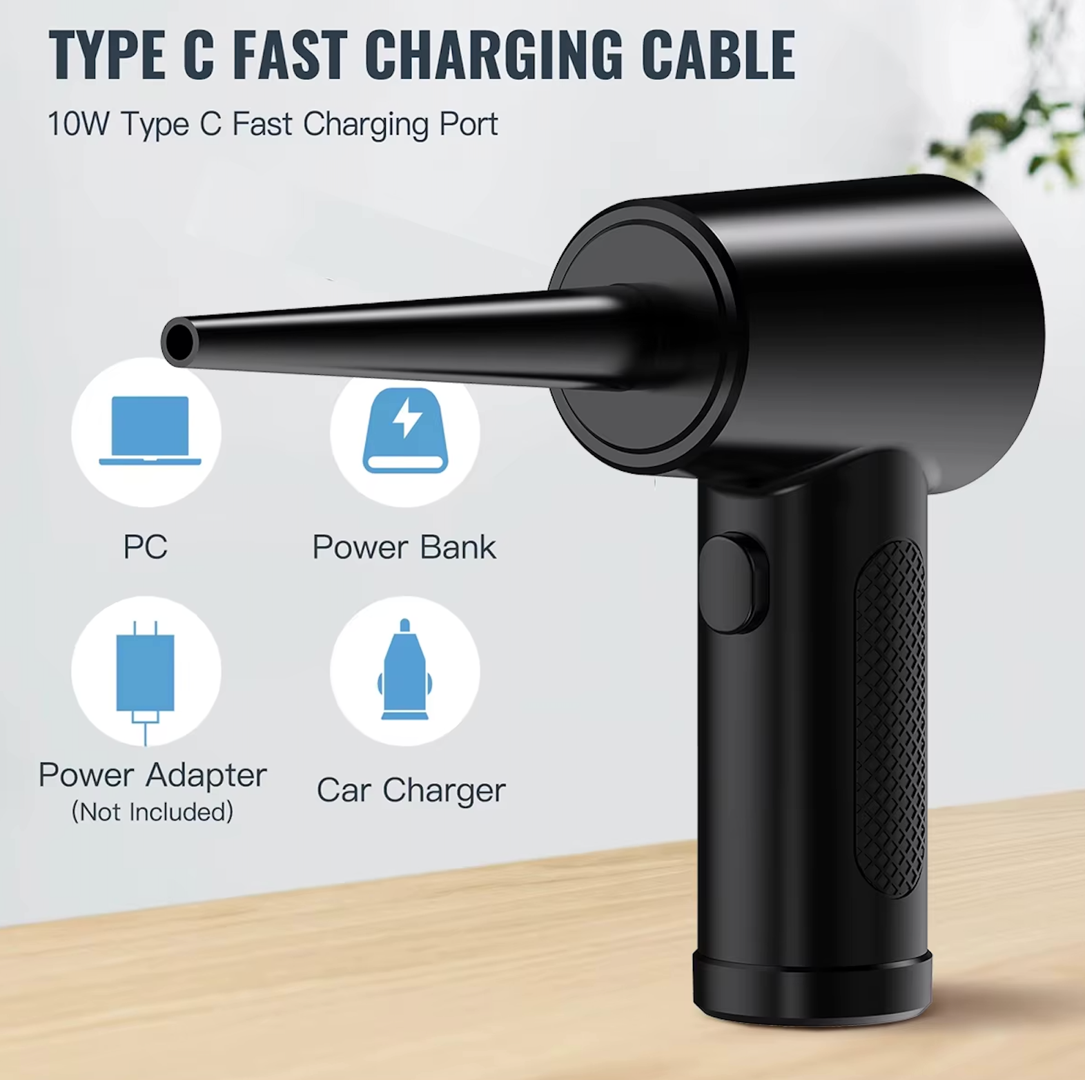 Rechargeable compressed air duster for cleaning computer keyboards, laptops, and other electronics.