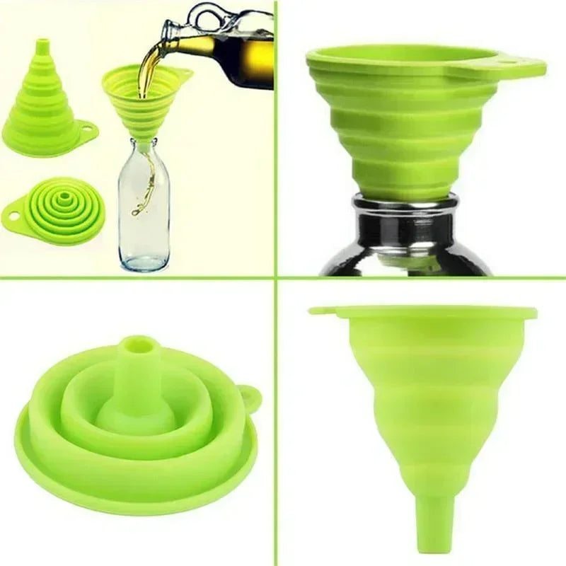 A compact, foldable silicone funnel designed for easy pouring and space-saving storage in the kitchen.