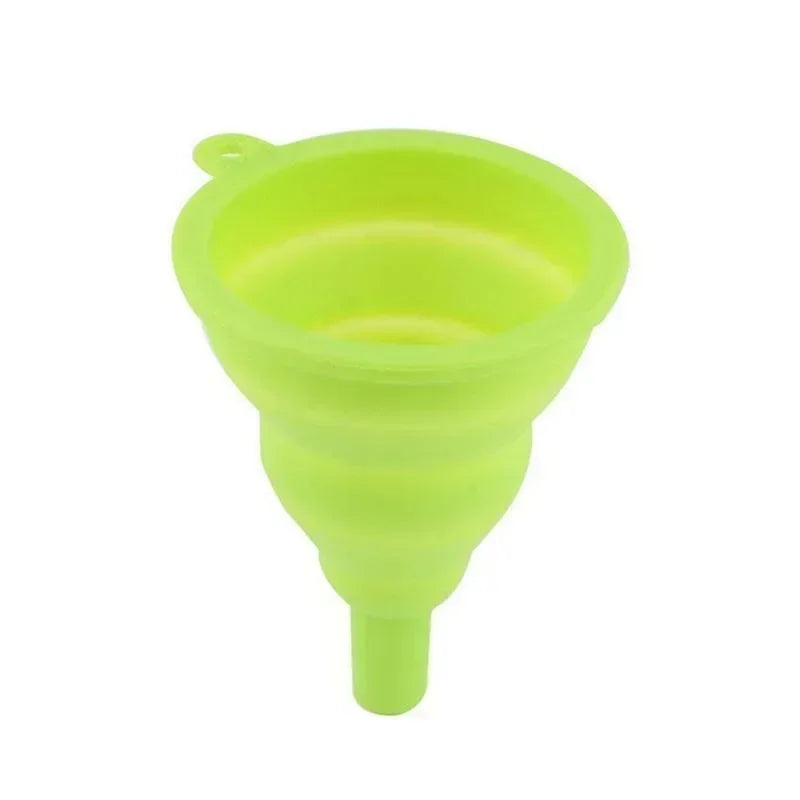 A compact, foldable silicone funnel designed for easy pouring and space-saving storage in the kitchen.