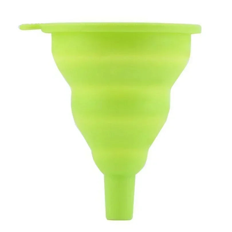 A compact, foldable silicone funnel designed for easy pouring and space-saving storage in the kitchen.