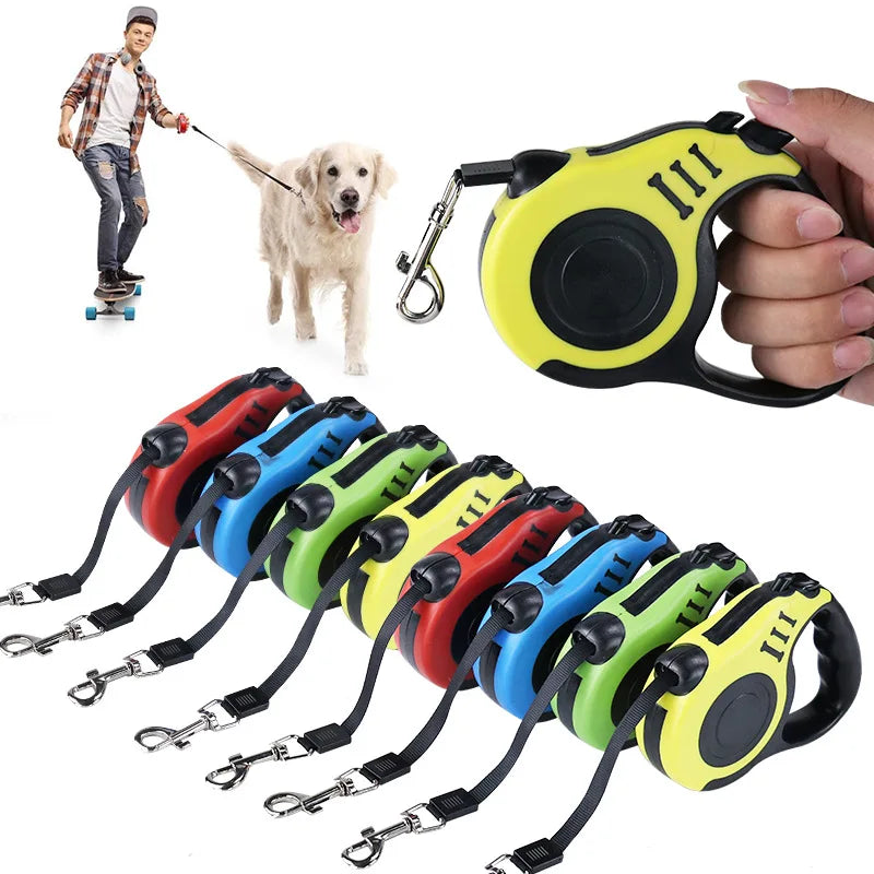 A tangle-free, retractable dog leash with an automatic locking system, perfect for small, medium, and large dogs.