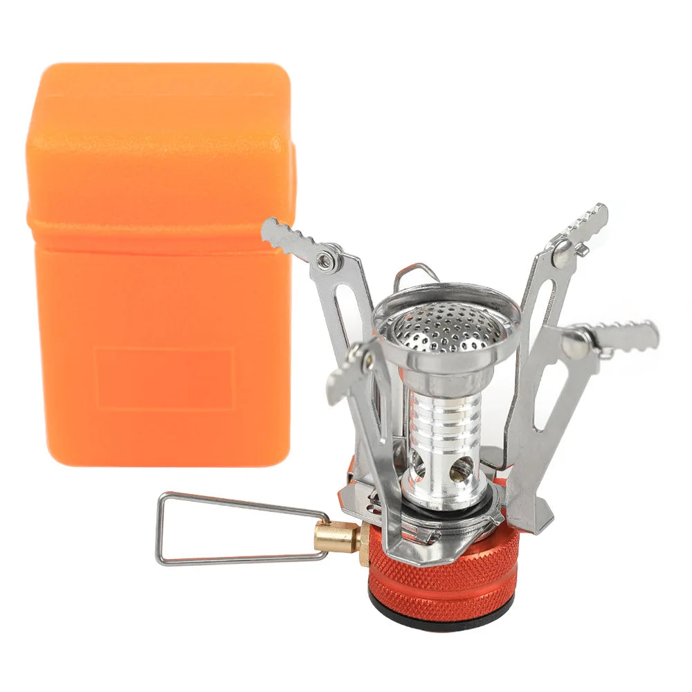 Ultra-light foldable outdoor camping stove with high-efficiency burner for hiking, backpacking, and survival cooking.