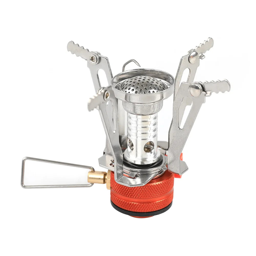 Ultra-light foldable outdoor camping stove with high-efficiency burner for hiking, backpacking, and survival cooking.