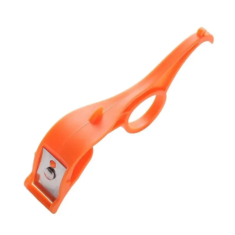 Stainless steel fruit peeler with a sharp rotating blade for effortless peeling of fruits and vegetables.