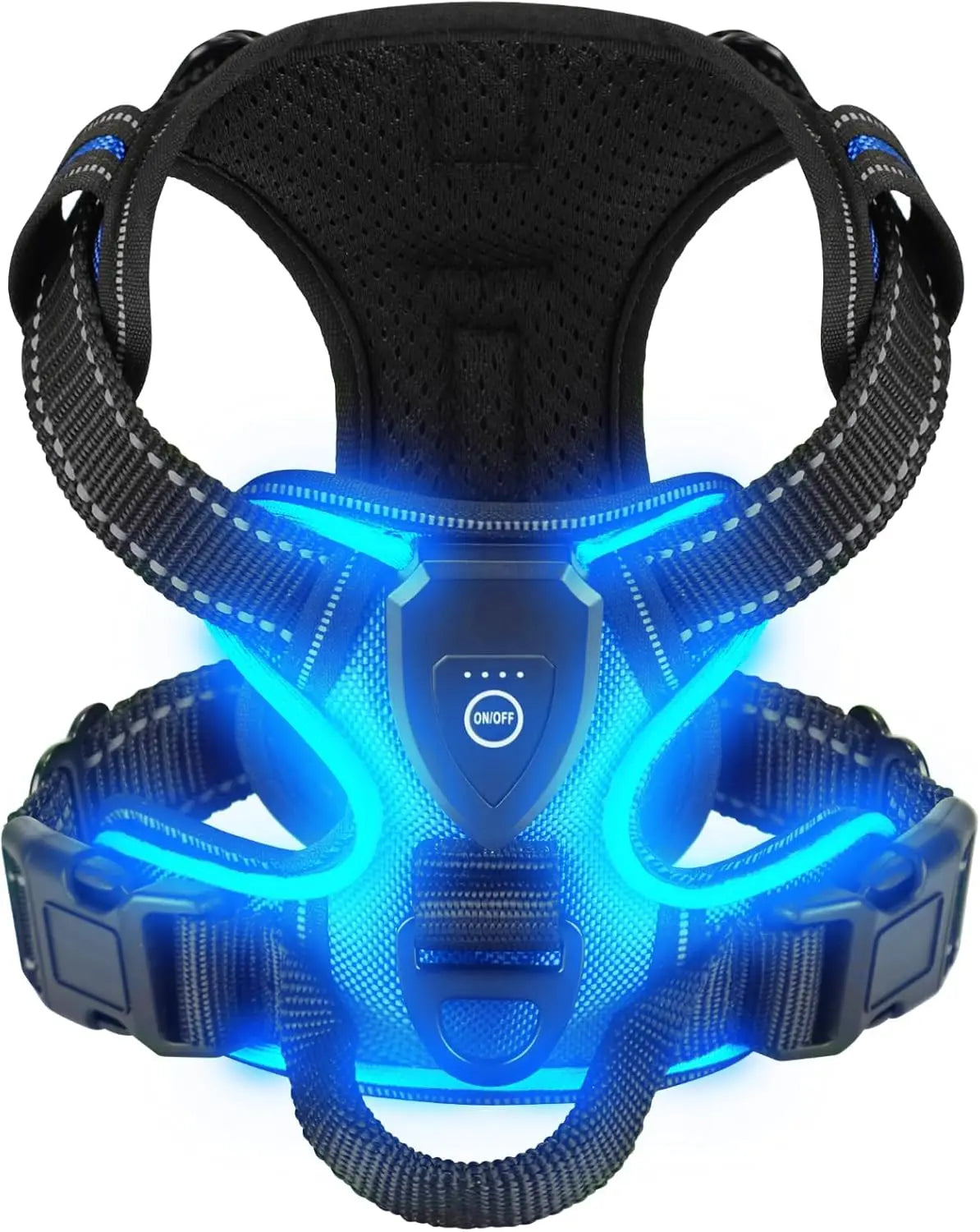 A rechargeable LED dog harness with three light modes, designed for enhanced visibility and safety during nighttime walks.