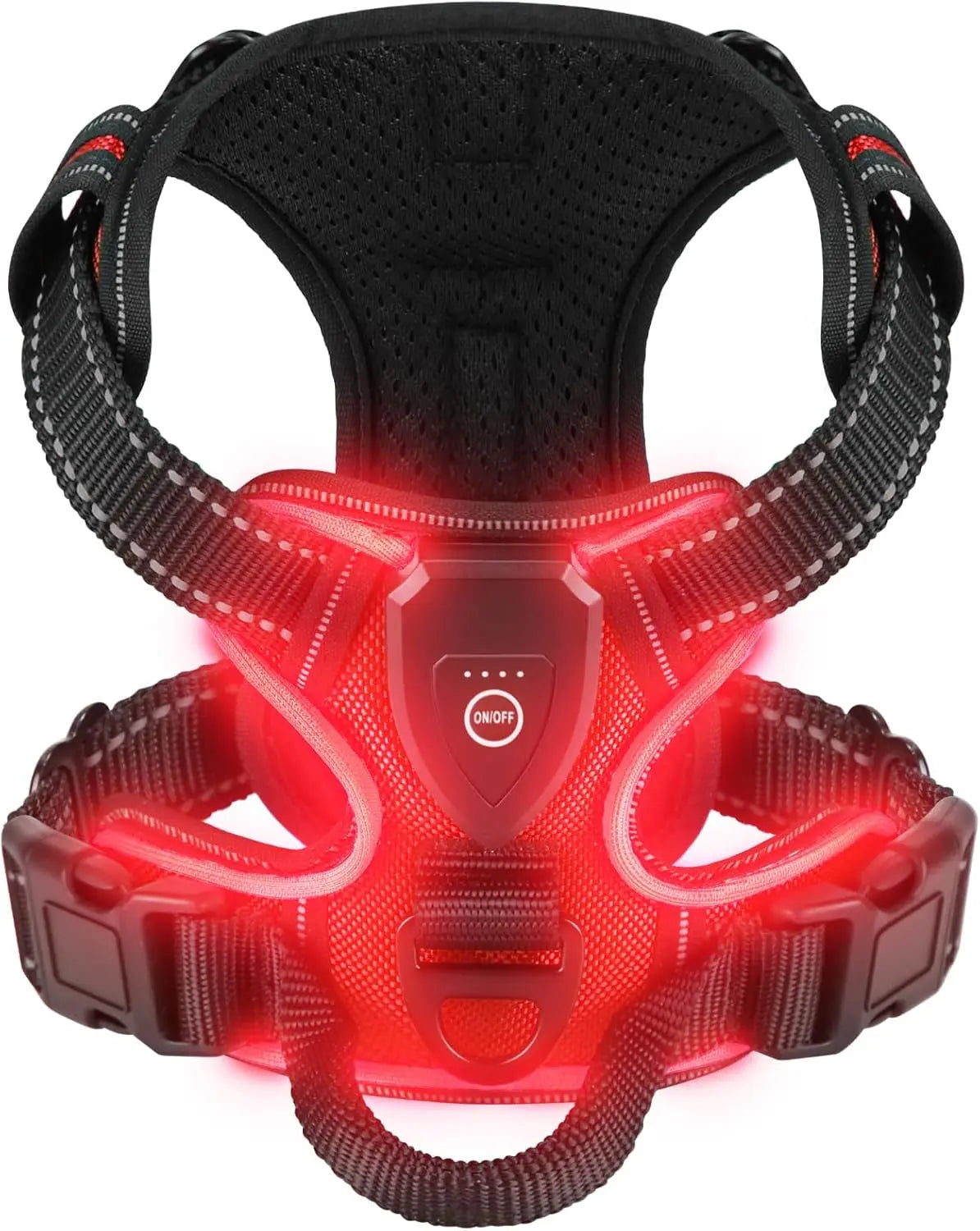 A rechargeable LED dog harness with three light modes, designed for enhanced visibility and safety during nighttime walks.