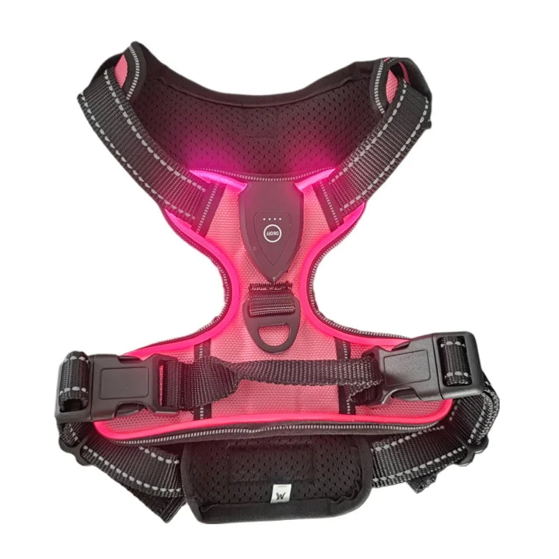 A rechargeable LED dog harness with three light modes, designed for enhanced visibility and safety during nighttime walks.