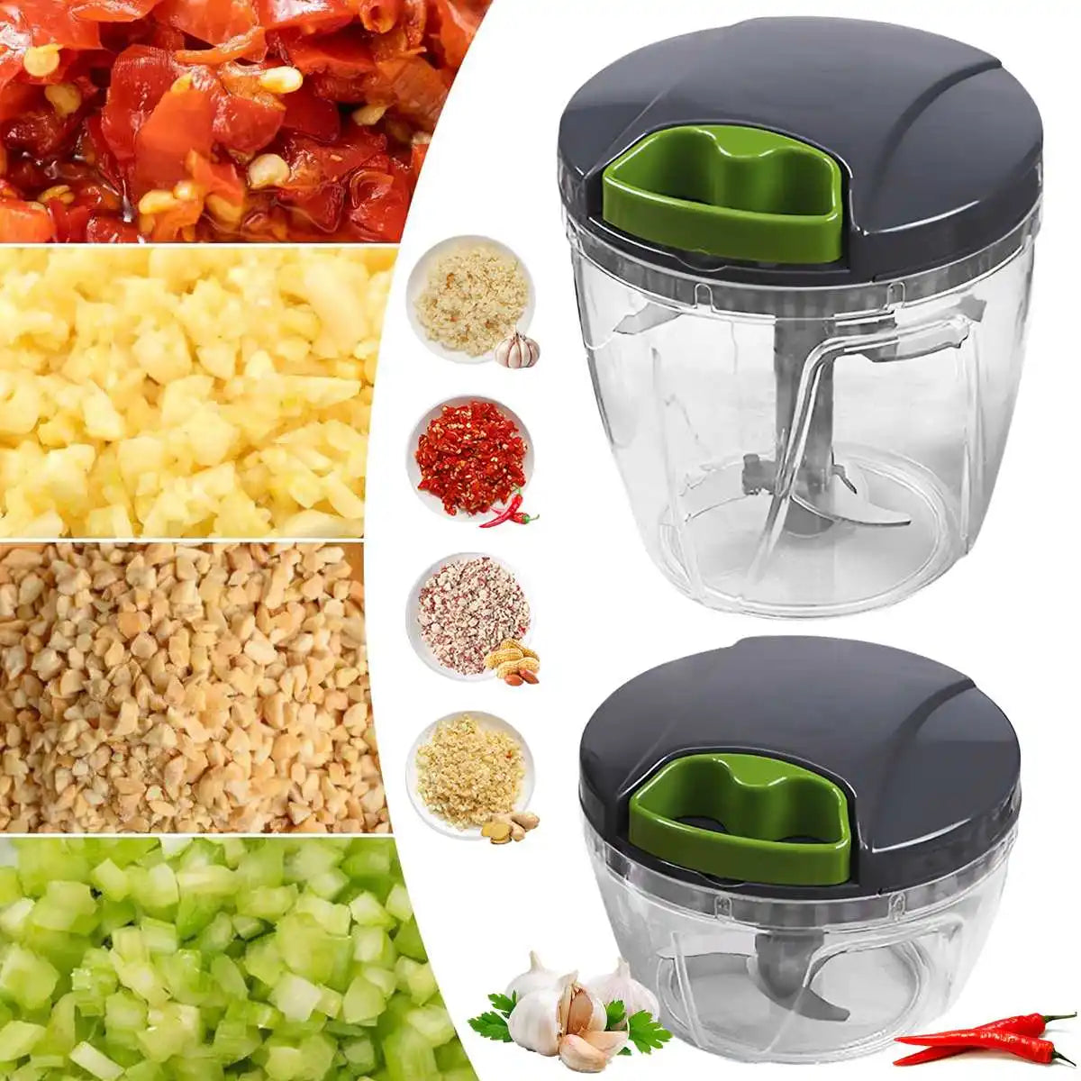 Multipurpose vegetable chopper with interchangeable blades for dicing, slicing, and grating.