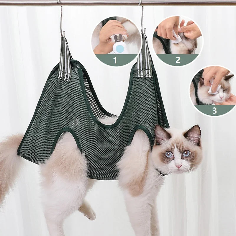 Comfortable pet grooming hammock for easy trimming, bathing, and nail clipping. Supports dogs and cats securely.