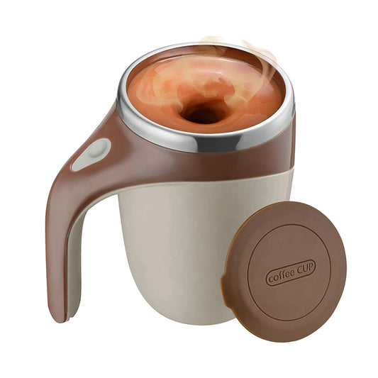 Self-stirring magnetic mug with a rechargeable battery for easy mixing of coffee, tea, and drinks.