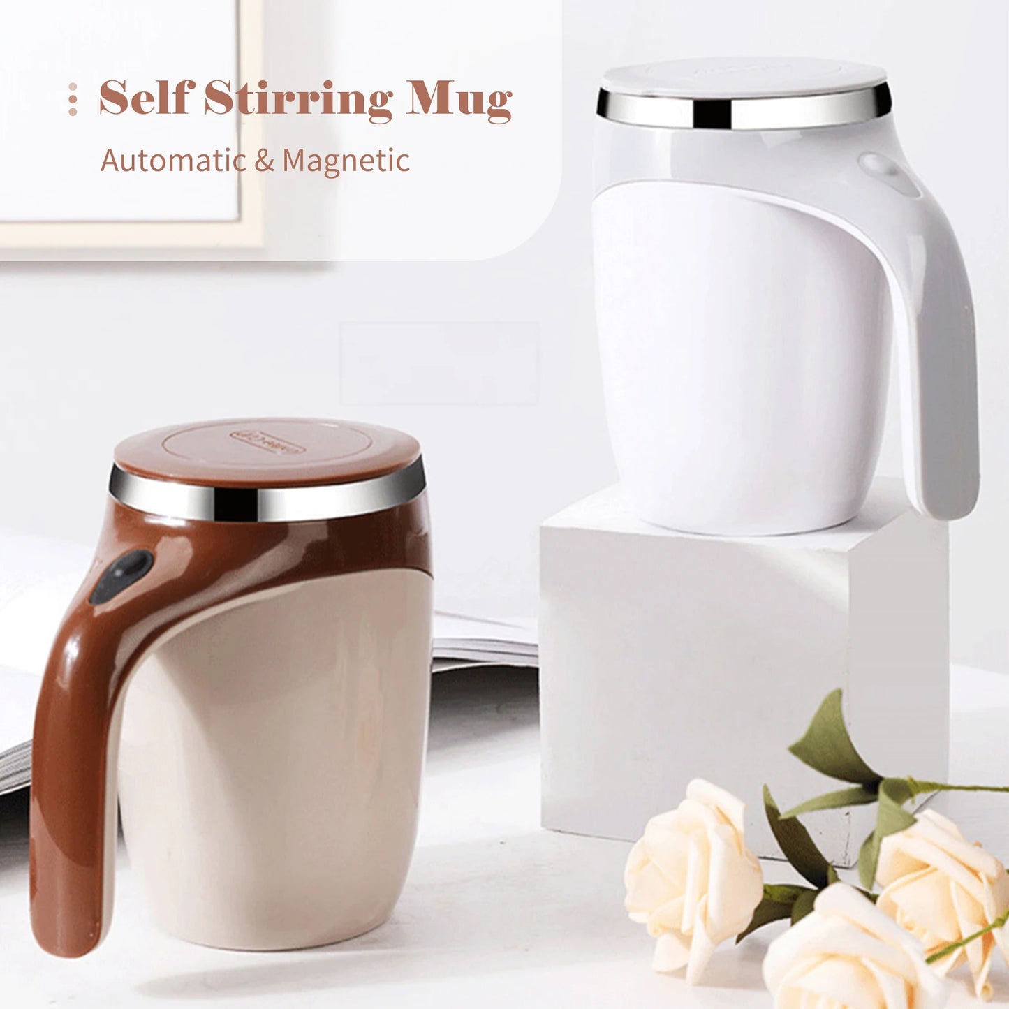 Self-stirring magnetic mug with a rechargeable battery for easy mixing of coffee, tea, and drinks.