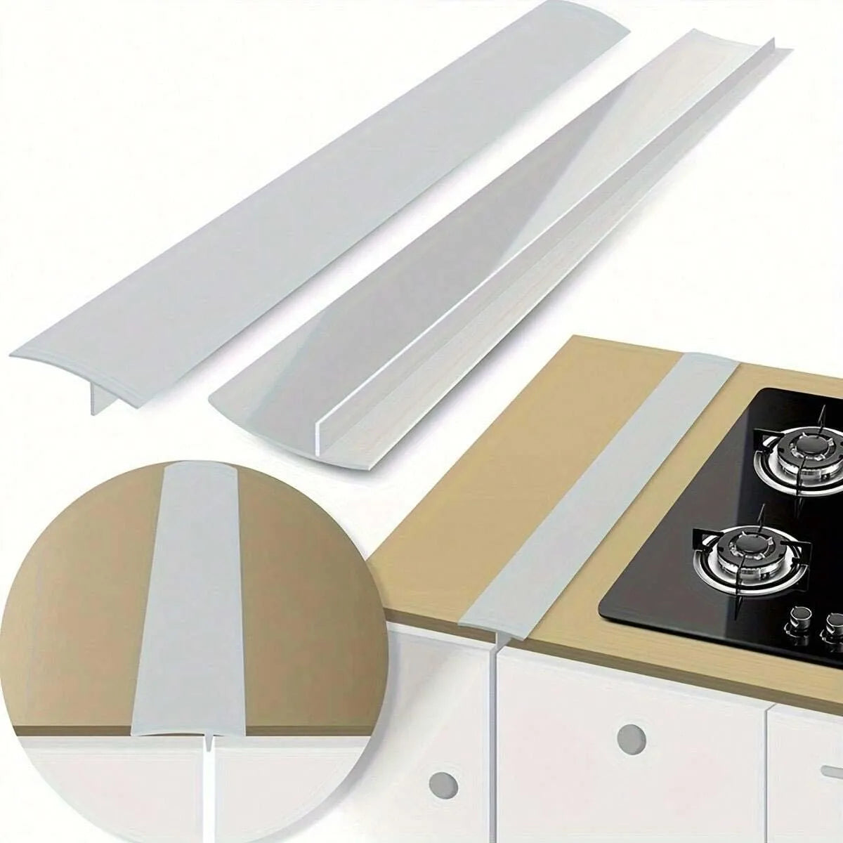 Flexible silicone gap strip for sealing gaps between stoves, countertops, and furniture to prevent spills and debris buildup.