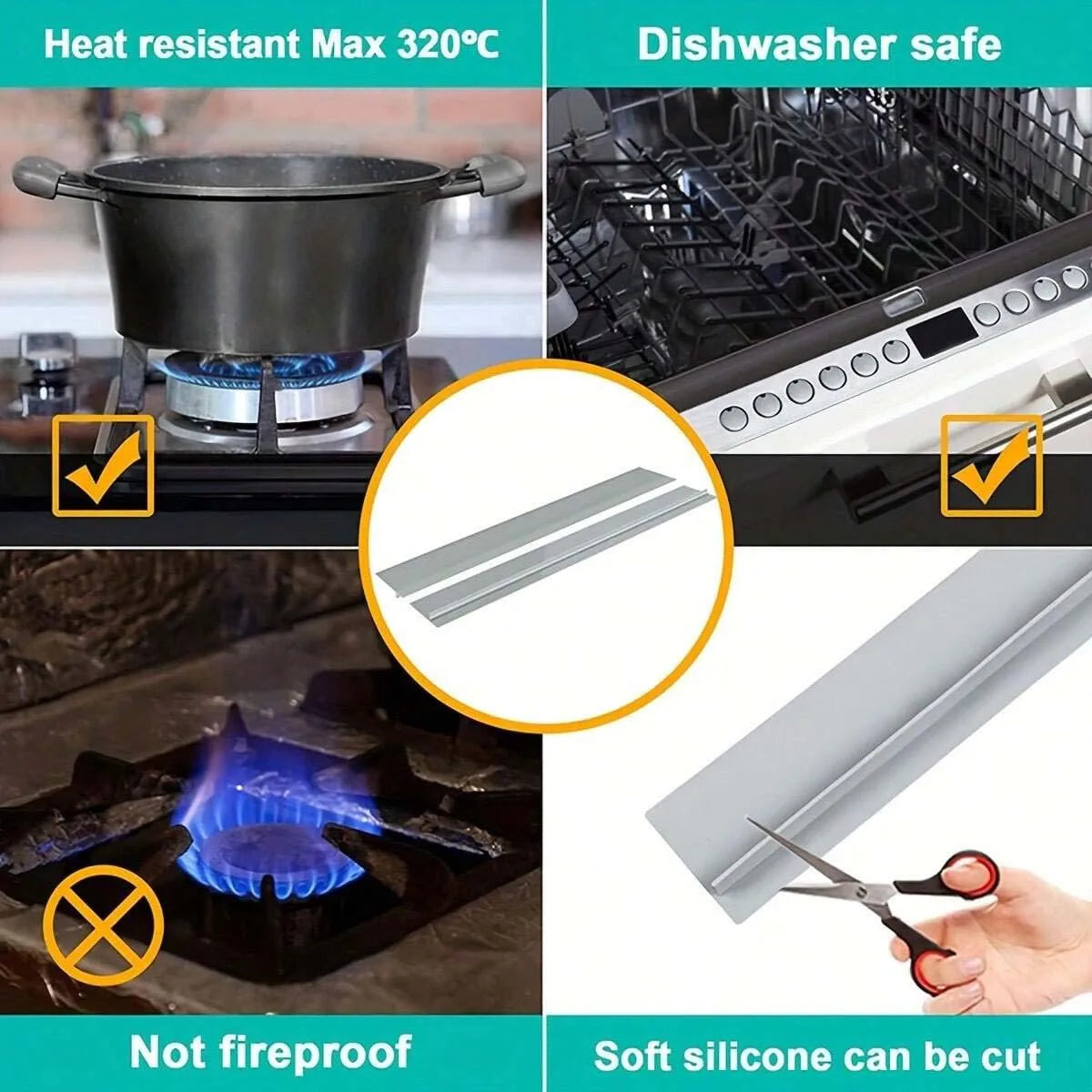 Flexible silicone gap strip for sealing gaps between stoves, countertops, and furniture to prevent spills and debris buildup.