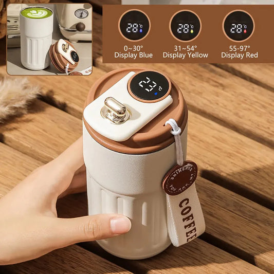 Smart thermos bottle with LED temperature display, stainless steel insulation, and touch sensor for hot and cold beverages.