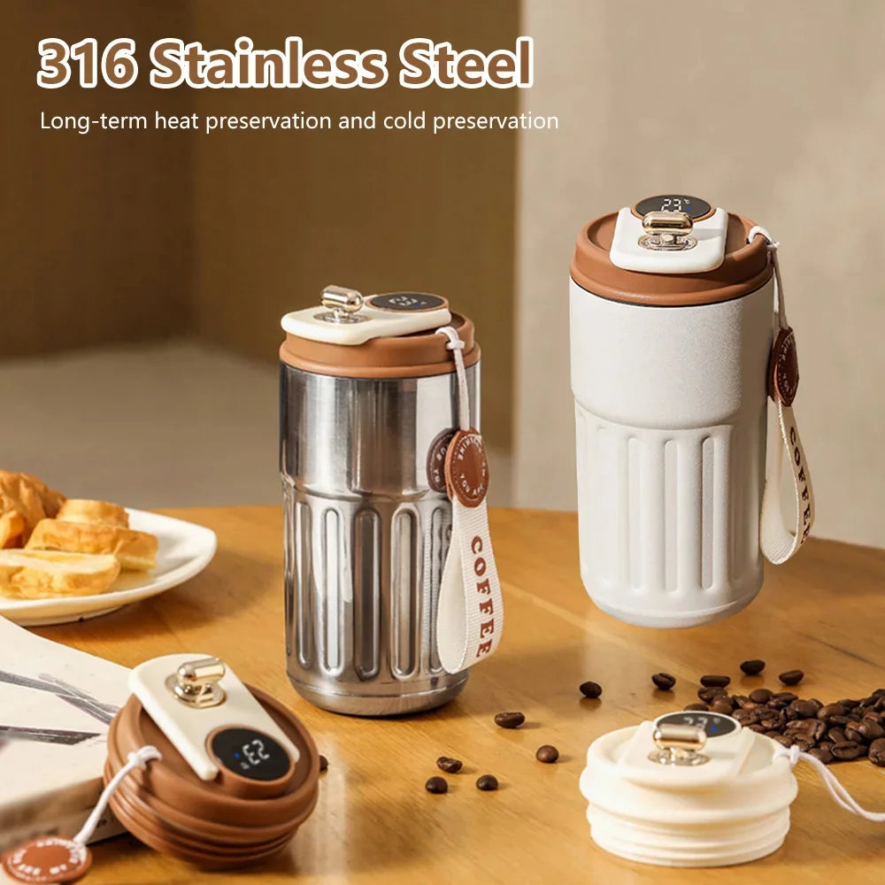 Smart thermos bottle with LED temperature display, stainless steel insulation, and touch sensor for hot and cold beverages.