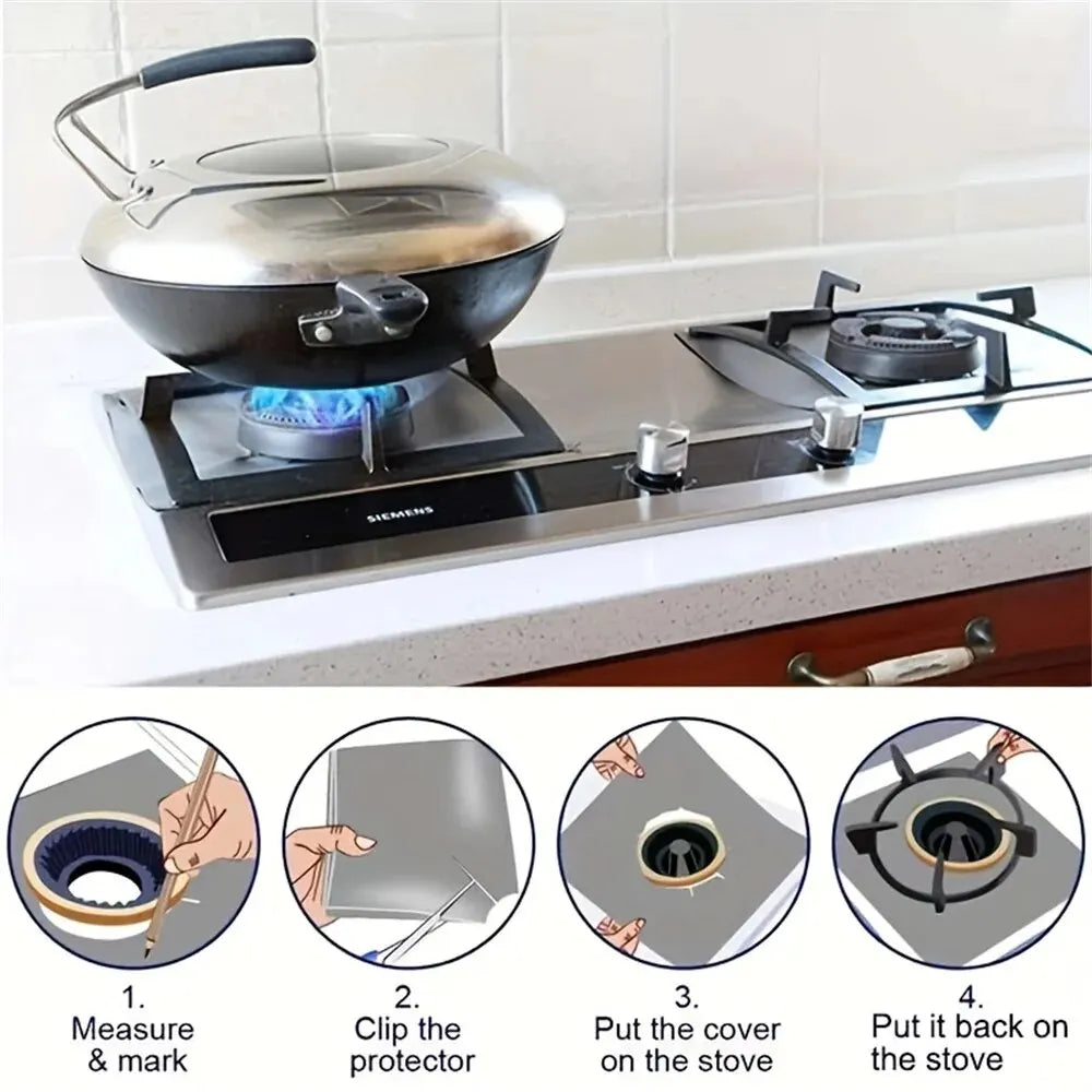 Reusable non-stick stove protector cover liners for keeping stovetops clean and free from spills and grease.