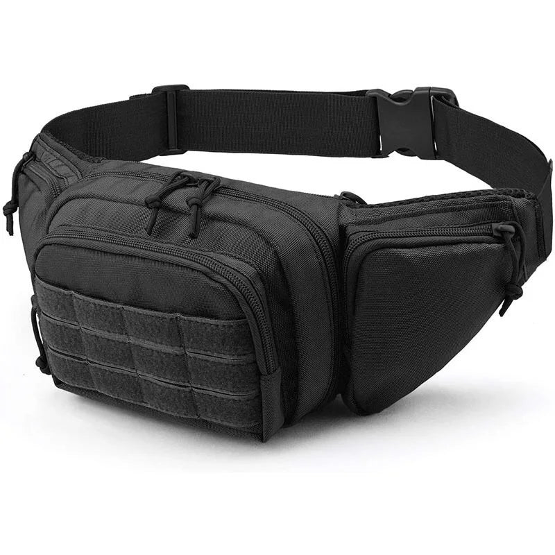 Durable tactical waist pack with multiple compartments for storing gear, tools, and essentials during outdoor activities.