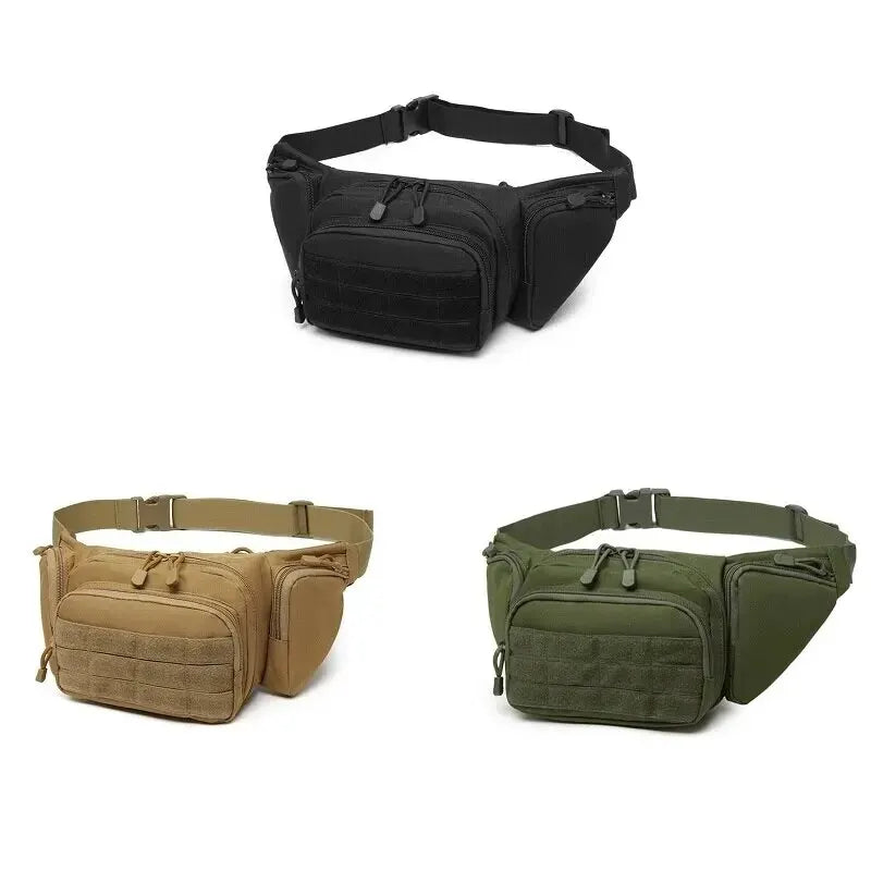 Durable tactical waist pack with multiple compartments for storing gear, tools, and essentials during outdoor activities.