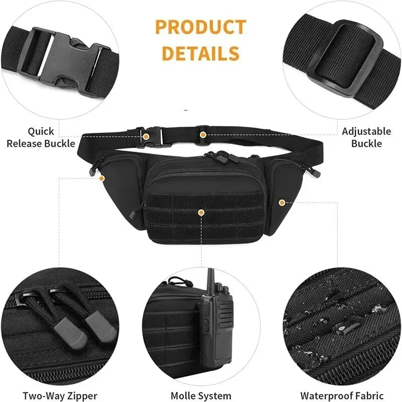 Durable tactical waist pack with multiple compartments for storing gear, tools, and essentials during outdoor activities.