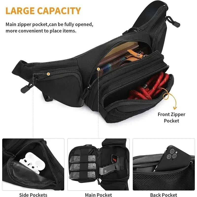 Durable tactical waist pack with multiple compartments for storing gear, tools, and essentials during outdoor activities.