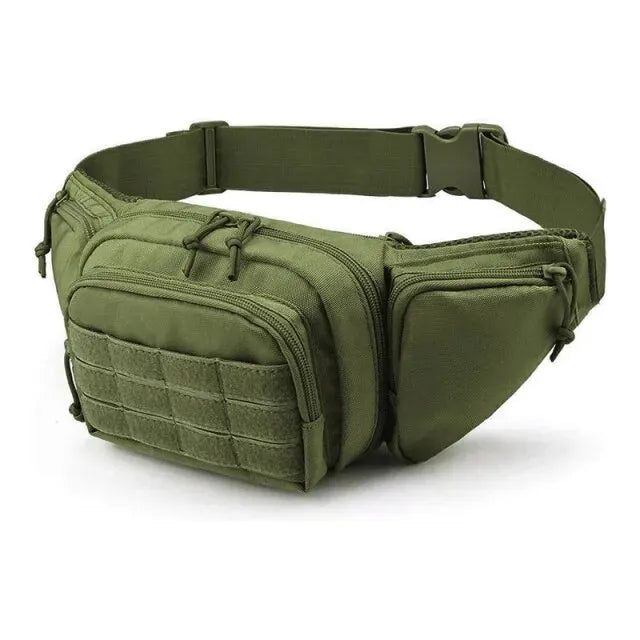 Durable tactical waist pack with multiple compartments for storing gear, tools, and essentials during outdoor activities.