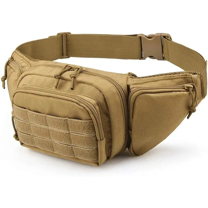 Durable tactical waist pack with multiple compartments for storing gear, tools, and essentials during outdoor activities.